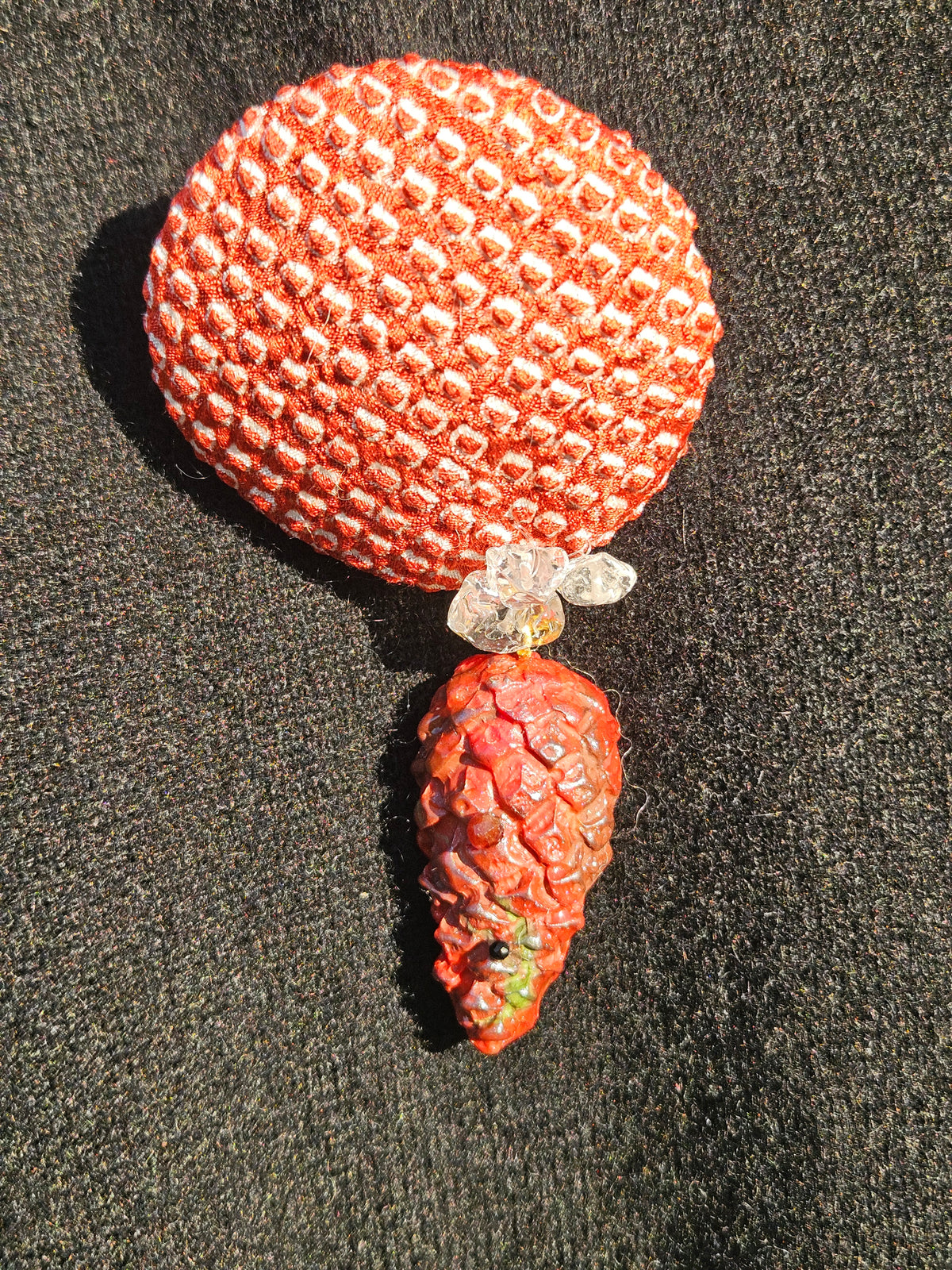 Brick red Shibori pinecone brooch