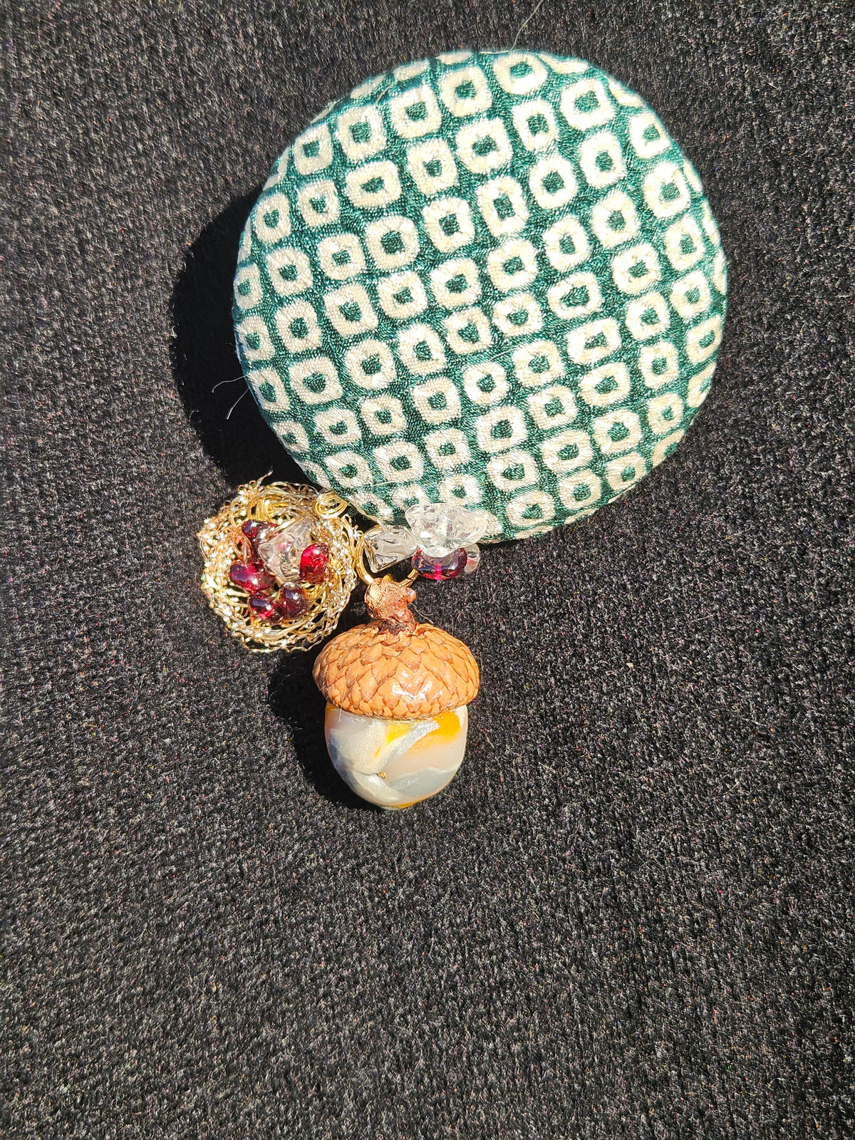Green  Shibori Acorn  & Nest  Brooch