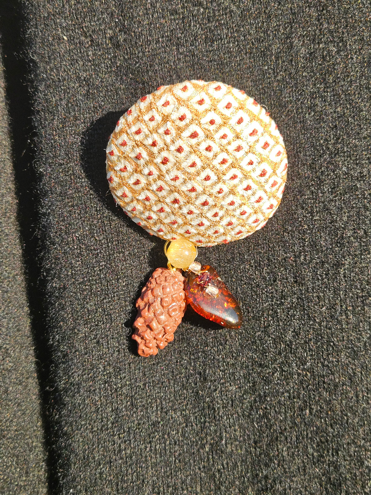 Brown Shibori Holly Amber Pinecone Brooch