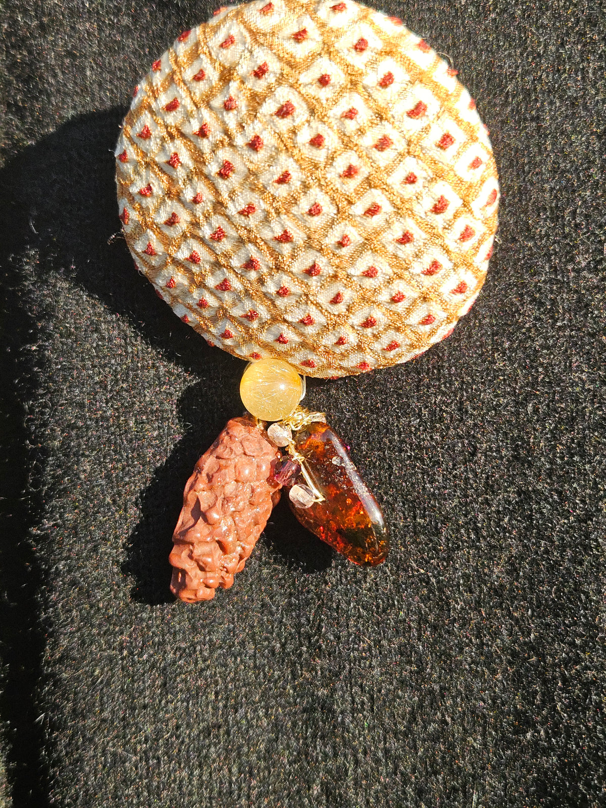 Brown Shibori Holly Amber Pinecone Brooch