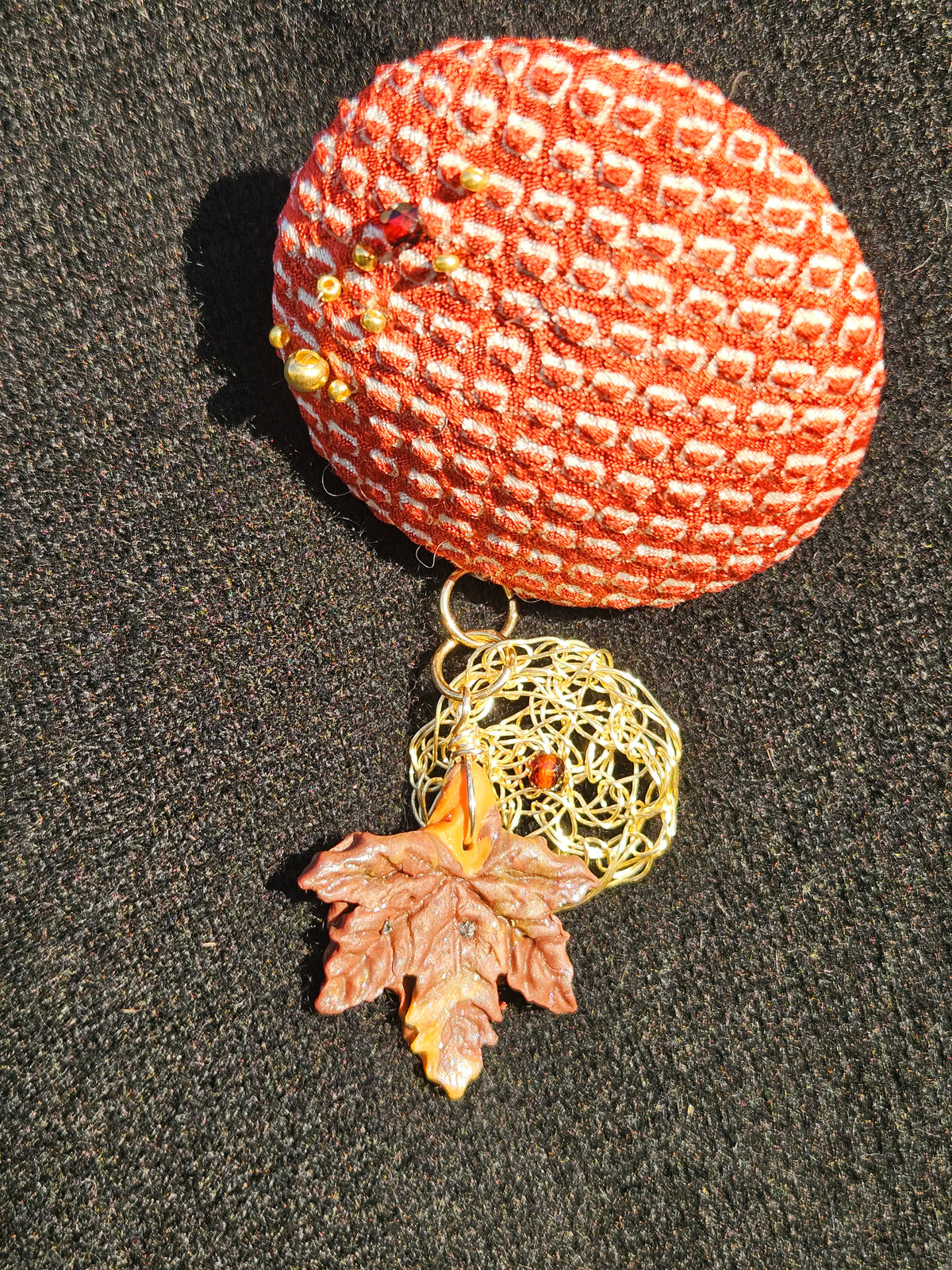 Brick Red Shibori Maple leaf brooch