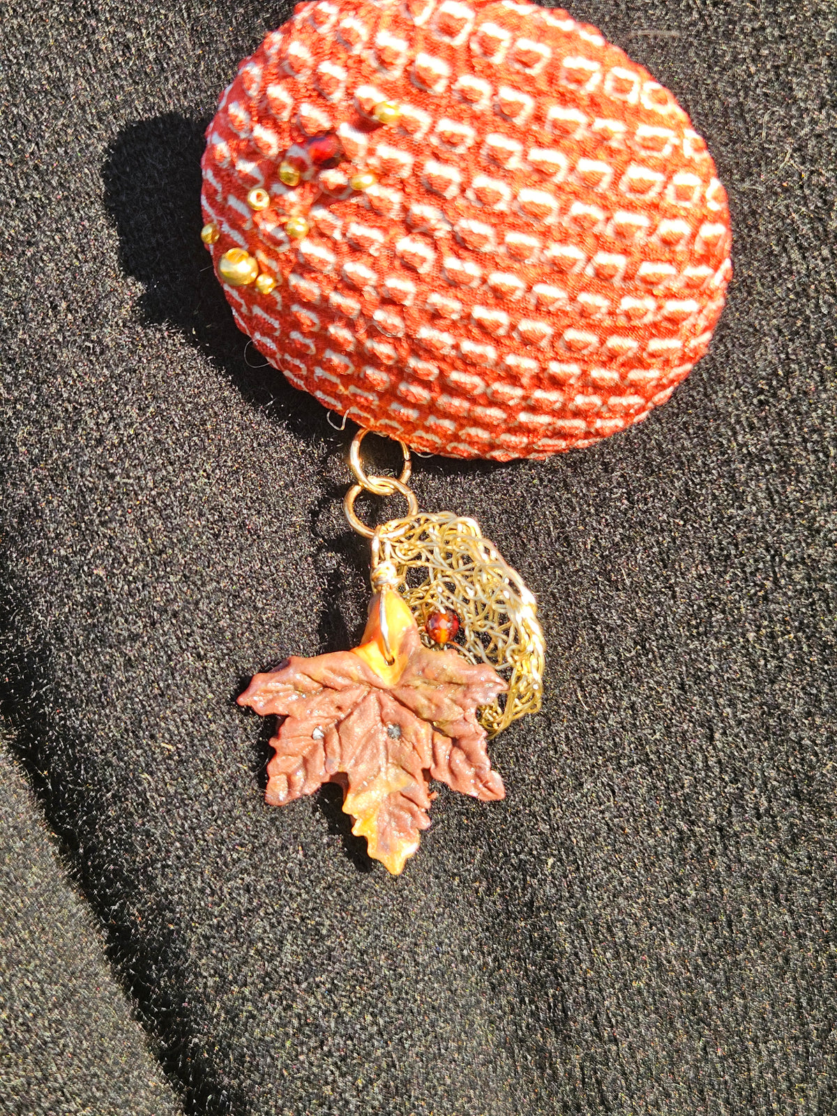 Brick Red Shibori Maple leaf brooch