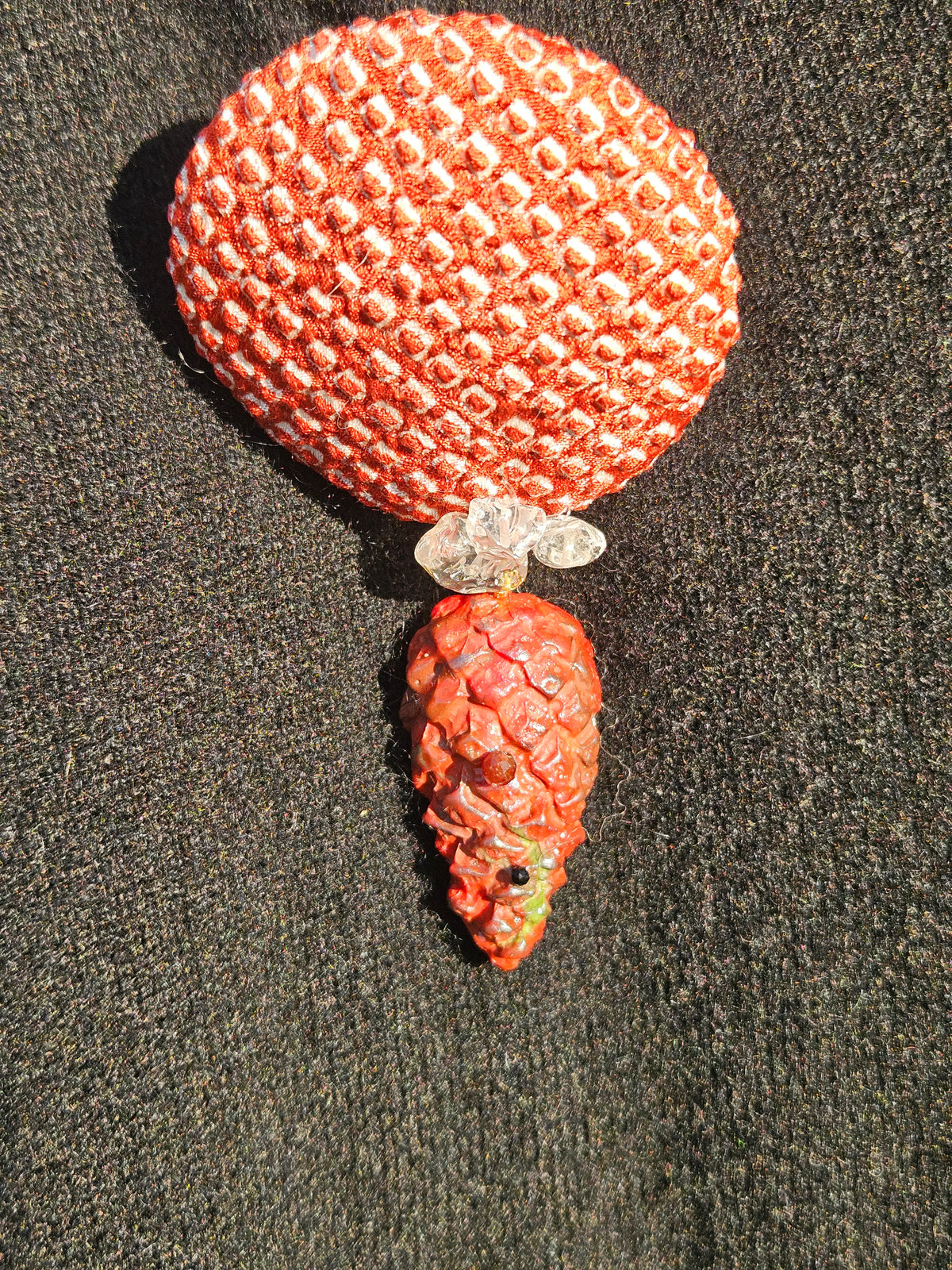 Brick red Shibori pinecone brooch