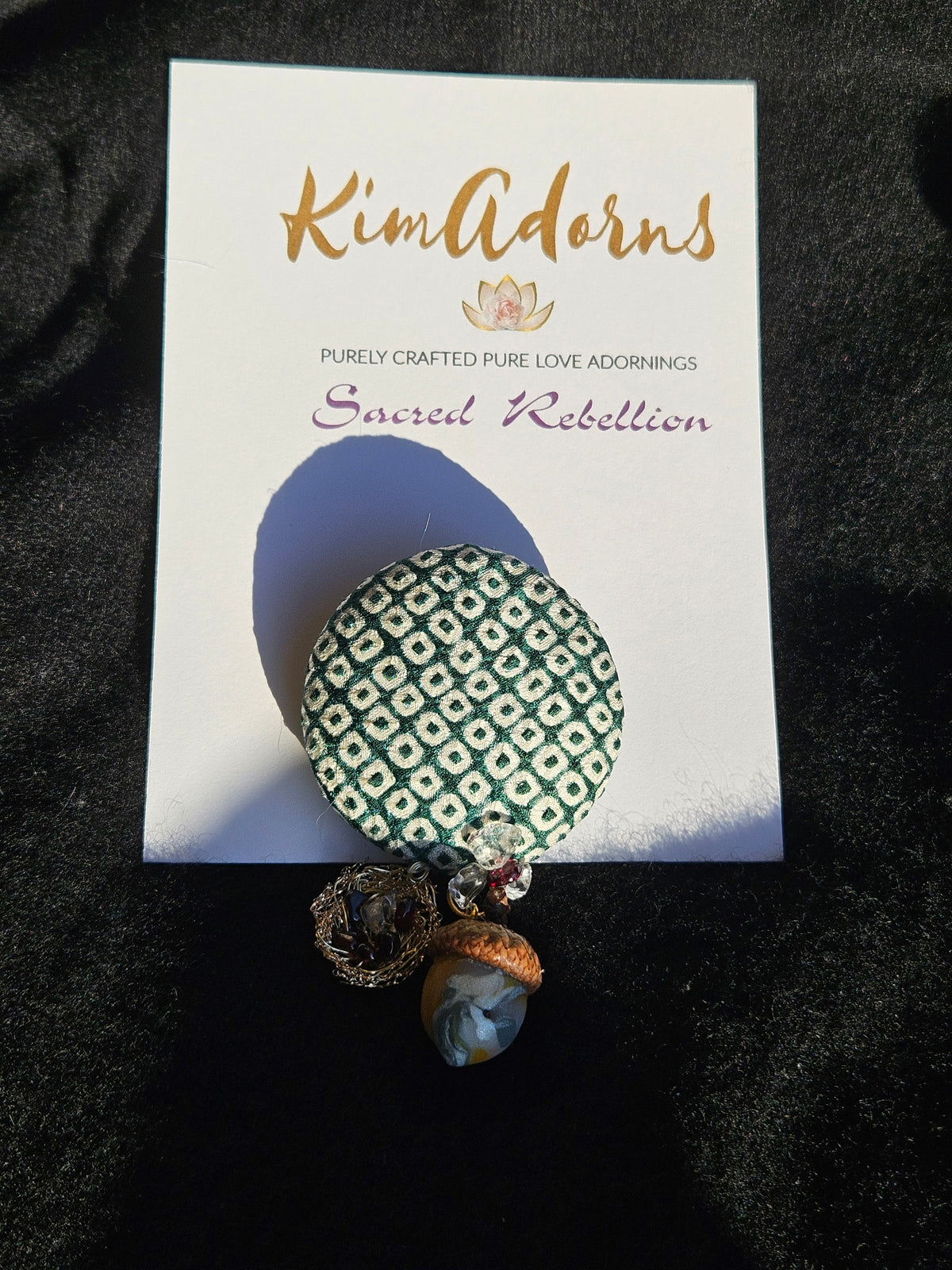 Green  Shibori Acorn  & Nest  Brooch