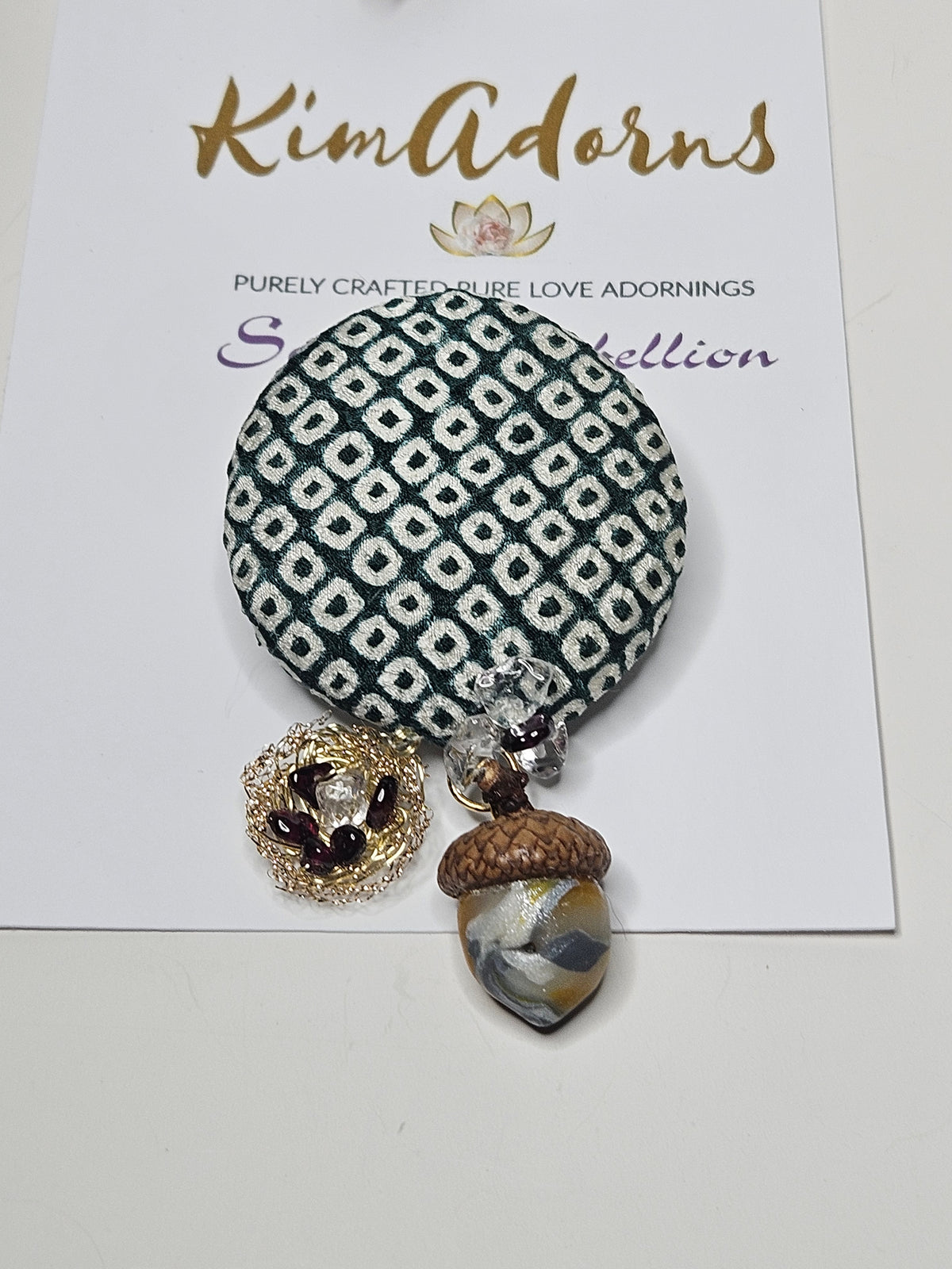 Green  Shibori Acorn  & Nest  Brooch