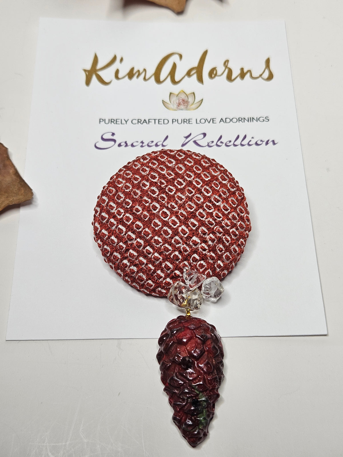 Brick red Shibori pinecone brooch